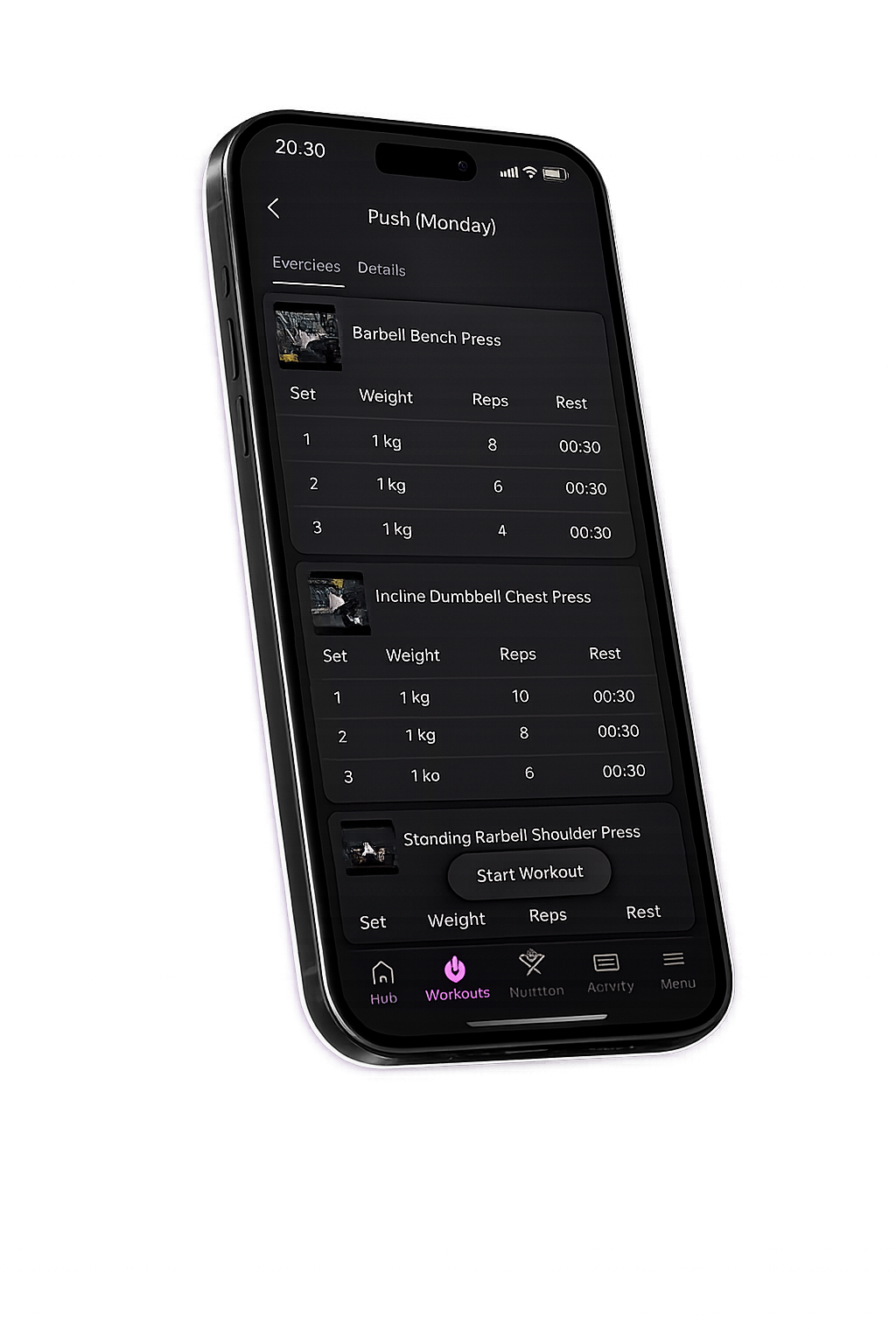 AKS Fitness app showing a Push day workout with sets, reps and rest times