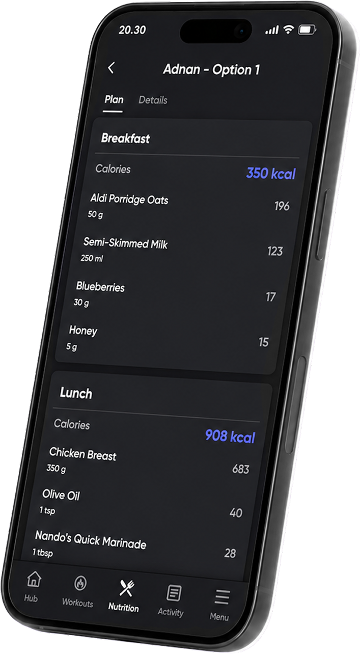 AKS Fitness app showing a personalised nutrition plan with calories and portions
